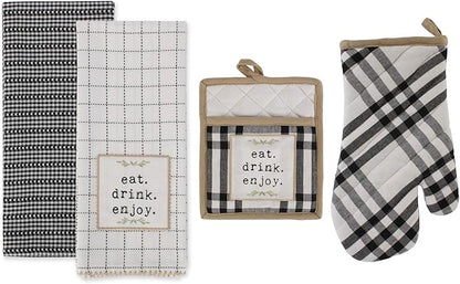 DII Home Sweet Farmhouse Kitchen Collection, Potholder/Oven Mitt/Dishtowel Set, Black, 4 Count