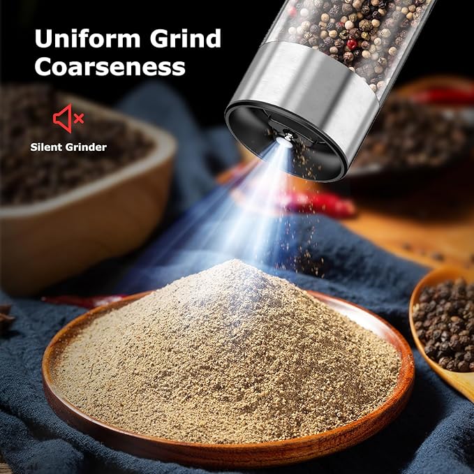 Bonsenkitchen Electric Salt and Pepper Grinder Set, 95ml Large Capacity, Clean Brush, Stainless Steel Adjustable Pepper Mill with LED for Kitchen, BBQ & Camping, Battery Powered (Not Included) - Image 4