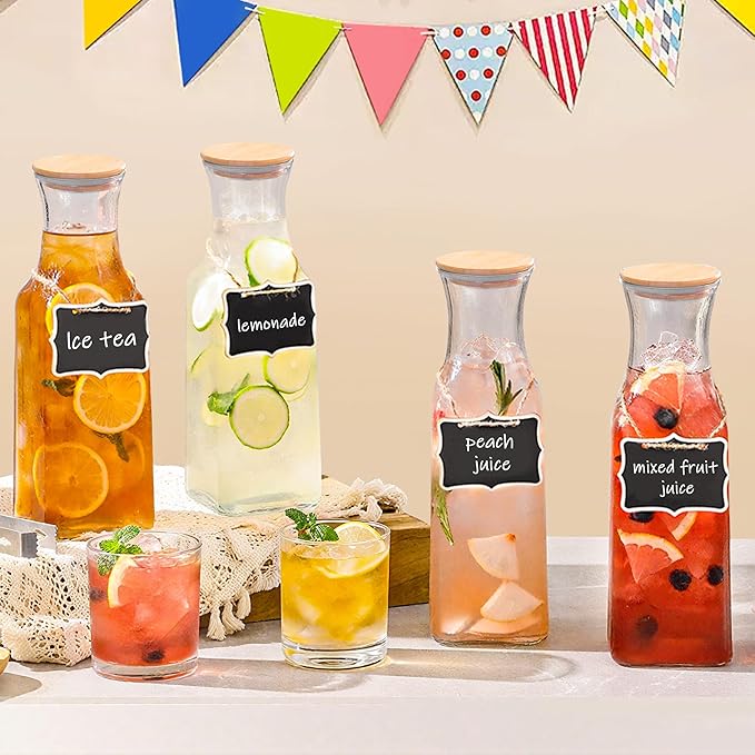 Glass Carafe with Bamboo Lid, Square 35 Oz Beverage Dispensers Carafe, Mimosa Bar Supplies, Clear Glass Pitcher with Name Labels for Iced Tea, Coffee, Juice(Set of 4)