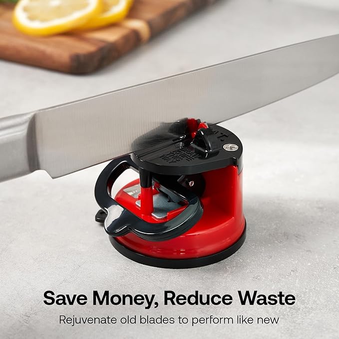 AnySharp – Editions – Hands Free Knife Sharpener - Easy to Use Sharpening Tool with PowerGrip Suction Base and 20-Degree Pre-Set Angle - for All Knives: Chef's, Serrated, and Hardened Steel - Red - Image 8