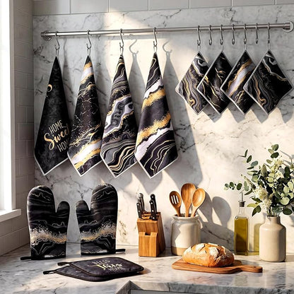 Bencailor 12 Pcs Marble Kitchen Decor and Accessories Sets 4 Black and Gold Marble Kitchen Towels 4 Farmhouse Absorbent Dishcloths 2 Pot Holders 2 Oven Mitts Gloves for Home Decor Mom Gifts
