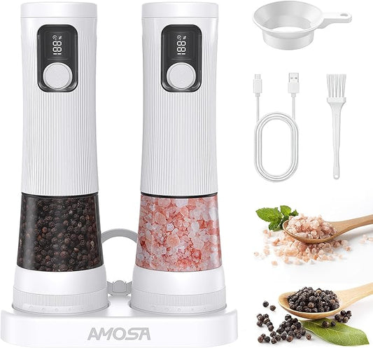 Electric Salt and Pepper Grinder Set, Upgrade 2-Speed Setting, External 5 Adjustable Coarseness, Rechargeable Automatic Salt & Pepper Shakers Mill with Battery Display, Storage Base & Led Light, White by AMOSA