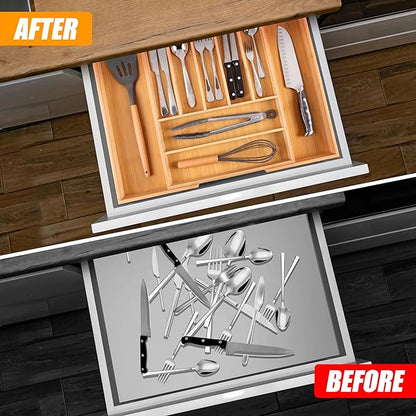 Bellsal Large Premium Bamboo Silverware Organizer - Expandable Utensil Drawer Organizer - 17"x19.6" Utensil Holder and Cutlery Tray with Grooved for Kitchen Flatware and Utensils Mother's Day Gift - Image 3