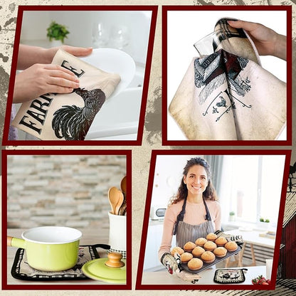 Leinuosen 6 Barn Farm Farmhouse Kitchen Decor Dish Towels Oven Mitts and Pot Holders Sets Chicken Kitchen Towels Absorbent Decorative Accessories for Cooking Baking Grilling