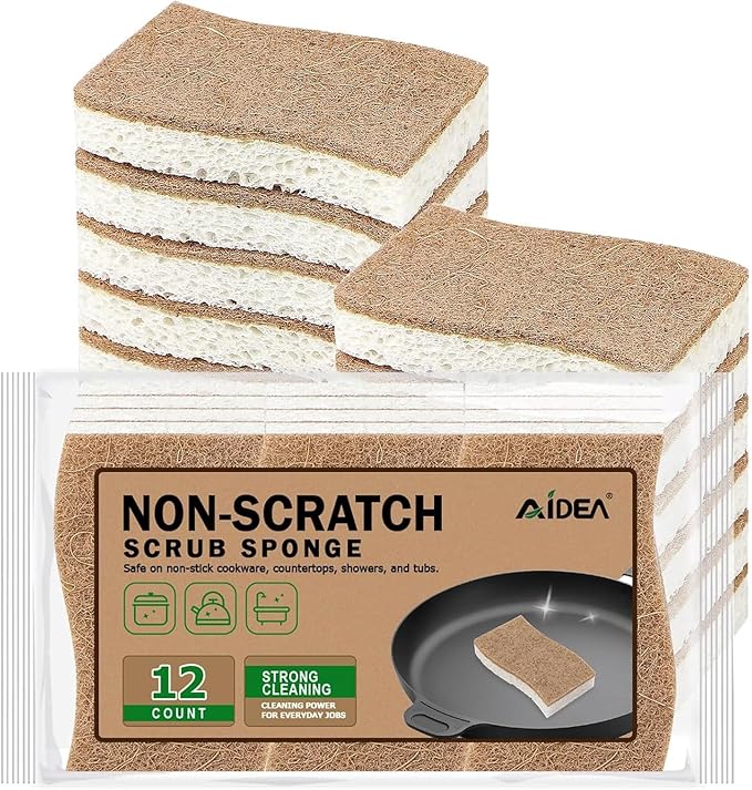 AIDEA Sponges Non Scratch, 12Count, Natural Sponge for Non Stick Cookware, Sponges Kitchen, Cellulose Scrub Sponge for Dishes, Cleaning Power for Kitchen, Bathroom, Household by AIDEAHOME