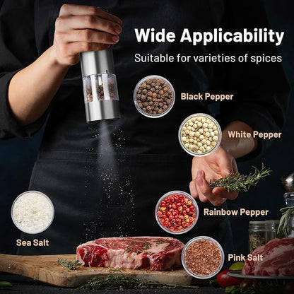 SIMPLETASTE Electric Salt and Pepper Grinder Set with LED Light, Automatic Pepper Mill Shakers with Adjustable Coarseness, One Hand Operation for Kitchen, Dining, Gifting, Silver, Battery Operated - Image 7