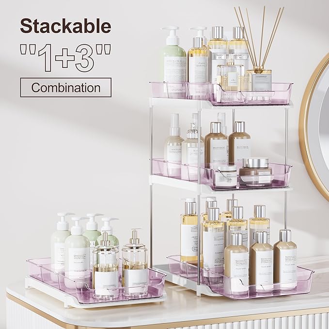 Delamu 2-Tier Multi-Purpose Bathroom Under Sink Organizers and Storage, Stackable Kitchen Pantry Organization, Pull Out Medicine Cabinet Organizer with Movable Dividers, Purple, 2 Pack - Image 3