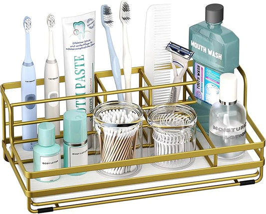 HapiRm Toothbrush Holders for Bathroom - 5 Partitions Bathroom Counter Organizer with Instant Drying Stone, Stainless Steel Countertop Storage Electric Toothbrush Toothpaste Holder - Gold