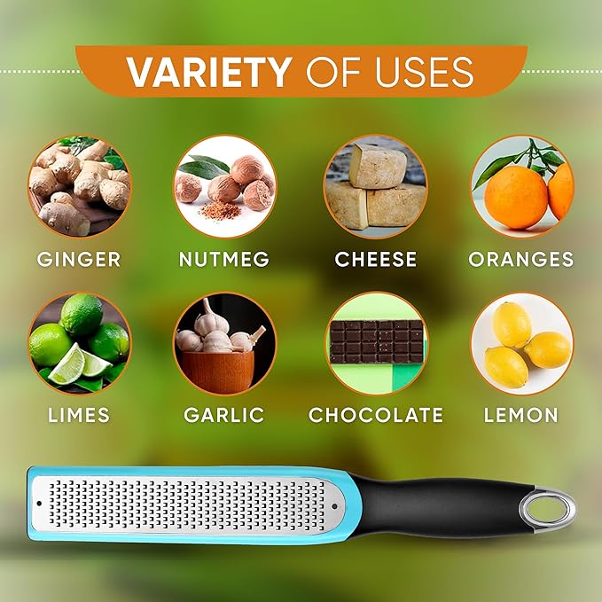 Spring Chef Premium Lemon Zester Grater with Handle - Fruits, Garlic, Chocolate, Ginger Grater - Heavy Duty Kitchen Tool - Stainless Steel Citrus Zester with Blade Cover - Fine Shred - Blue/Black - Image 6