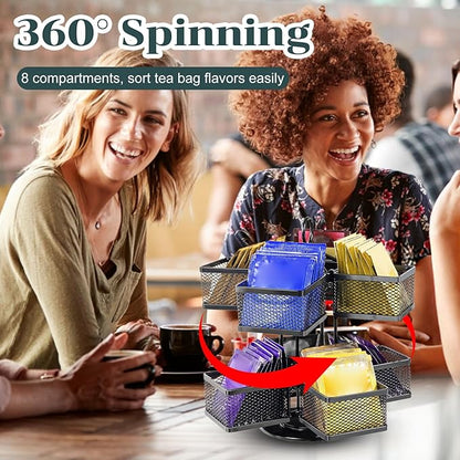 Tea Bag Organizer, Tea Bag Storage Holder Spinning Carousel 96 Teabags Container, Lazy Susan Coffee Creamer Sweetener Tea Caddy for Kitchen Counter Cabinet Pantry Shelf Organizer
