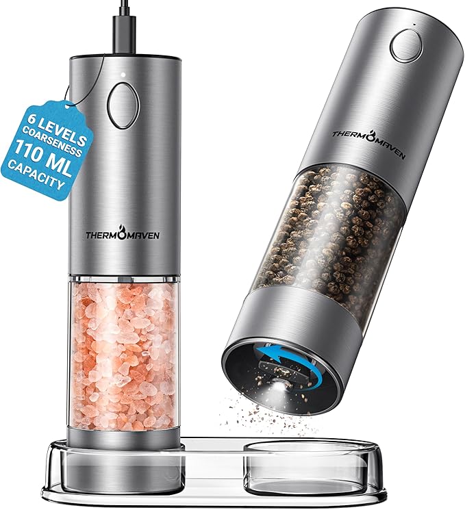 ThermoMaven Upgraded Larger Capacity Electric Salt and Pepper Grinder Set, 110ml Rechargeable Salt and Pepper Shaker with LED Light, Stainless Steel Automatic Pepper Mill with 6 Adjustable Coarseness by ThermoMaven