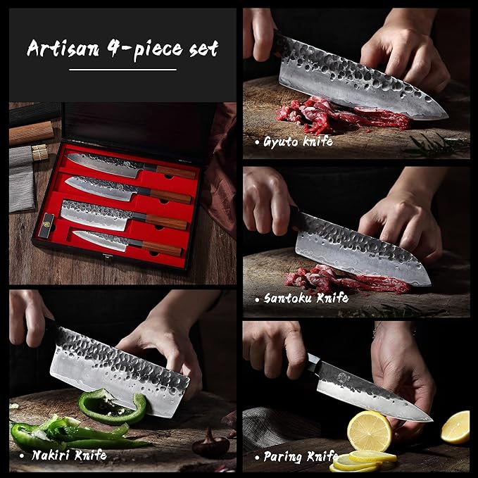 MITSUMOTO SAKARI Japanese Chef's Knife Set 4 Pcs, Professional Hand Forged Kitchen Chef Knife Set, High Carbon Ultra Sharp Cooking Chefs Knife Set (Rosewood Handle & Sandalwood Box) - Image 2