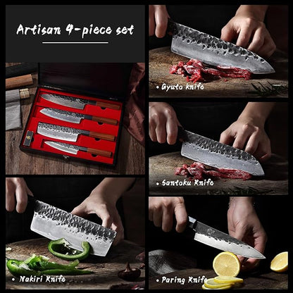 MITSUMOTO SAKARI Japanese Chef's Knife Set 4 Pcs, Professional Hand Forged Kitchen Chef Knife Set, High Carbon Ultra Sharp Cooking Chefs Knife Set (Rosewood Handle & Sandalwood Box) - Image 2
