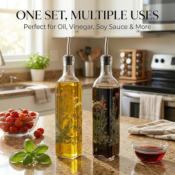 Topadorn 17 oz Olive Oil Dispenser Bottle Set for Kitchen, 2 Pcs Glass Oil Dispenser Bottle with Stainless Steel Pourers, 2 Packs of Napkins, Green Flowers