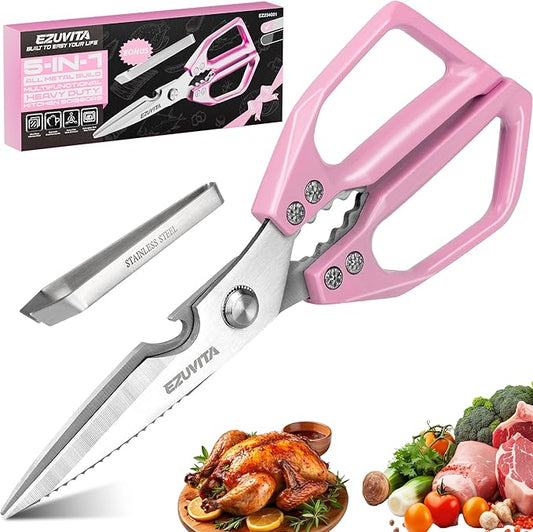 5-in-1 Multifunctional Heavy-Duty Korean Kitchen Scissors with Tweezer, Pink All Purpose Kitchen Shears with Stainless Steel Blades, Dishwasher Safe Bone Cutting scissors for Meat, Vegetables