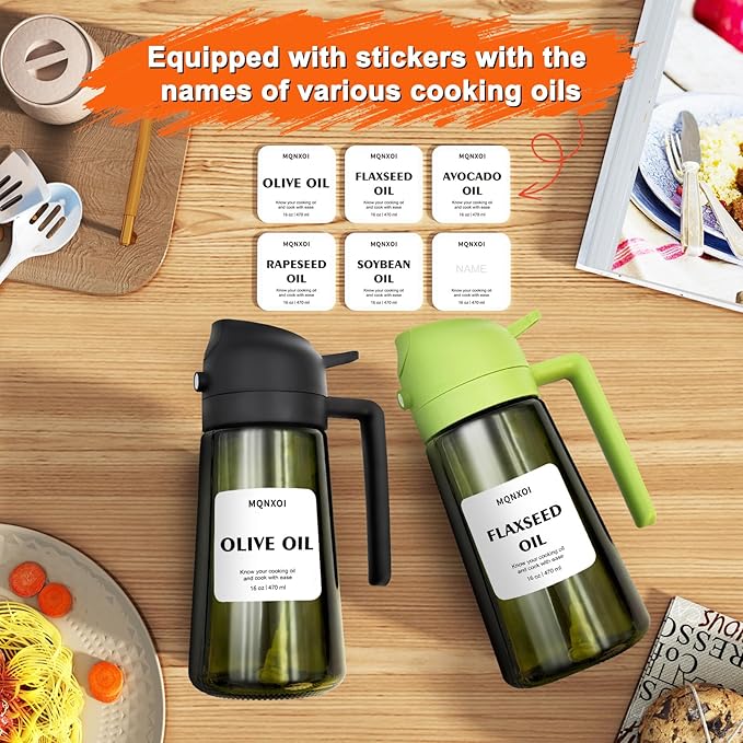 mqnxoi 2 in 1 Glass Oil Sprayer & Dispenser,16oz/470ml Olive Cooking, Air Fryer, and Salad, for Kitchen Gadgets and Air Fryer Accessories, w/Stickers (Black + Dark Green Bottle 2) - Image 2