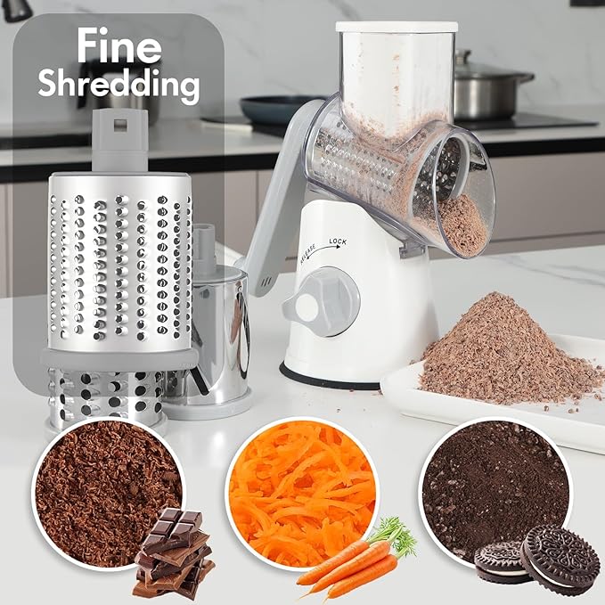 Rotary Cheese Grater with Handle, Kitchen Speed Hand Crank Vegetable Slicer, Potato Hash Brown Shredder Spinning Nut Grinder with 3 Replaceable Stainless Steel Drum Blades (White) - Image 3