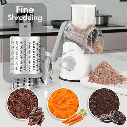 Rotary Cheese Grater with Handle, Kitchen Speed Hand Crank Vegetable Slicer, Potato Hash Brown Shredder Spinning Nut Grinder with 3 Replaceable Stainless Steel Drum Blades (White) - Image 3