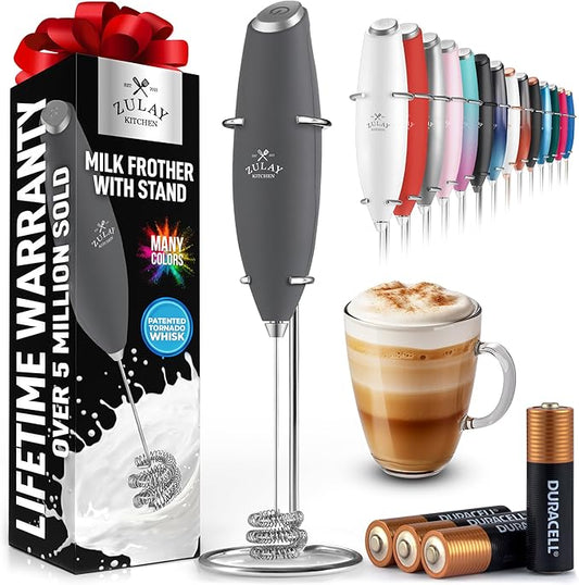 Zulay Kitchen Patented Tornado Triple Whisk Milk Frother with 4 Duracell Batteries – Handheld Foam Maker for Coffee, Lattes, Matcha & Hot Chocolate – Rich, Creamy Froth in Seconds - Onyx Gray by ZulayKitchen