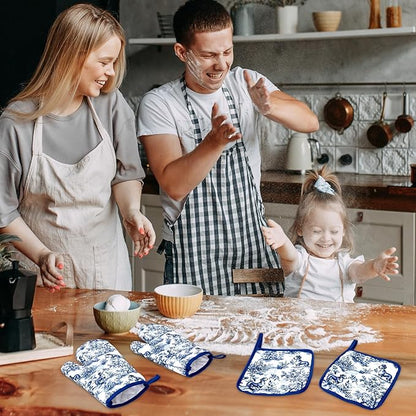 FYSUIMU 4Pcs Chinoiserie Dachshund Oven Mitts and Pot Holders Set Heat Resistant Non-Slip Potholders Blue White Botanical Dog Kitchen Oven Gloves with Hot Pads for Cooking Baking