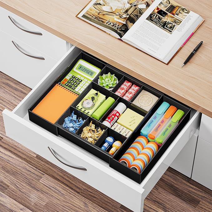 Marbrasse Expandable Desk Drawer Organizer, Clear Plastic Drawer Organizer Tray with 10 Adjustable Compartments, Desk Organizers and Accessories, 5 Drawer Dividers for Office Supplies, Makeup(Black) - Image 8