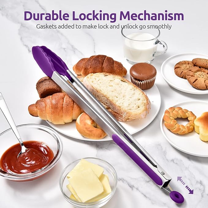 600ºF Heat Resistant Kitchen Tongs: U-Taste 16 inch Extra Long Large Silicone Cooking Tong with Sturdy Non Stick Rubber Tips & Non Slip Silicon Coated 18/8 Stainless Steel Handle for Grill BBQ(Purple) - Image 7