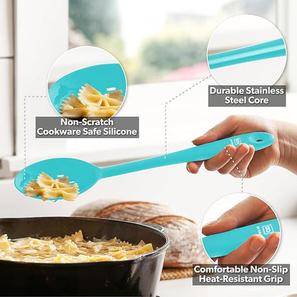 DI ORO Silicone Cooking Spoons - Large Mixing, Serving & Stirring - 600F Heat-Resistant Non-Stick - Big Solid & Slotted Basting Spoons - Dishwasher Safe (2pc, Teal) - Image 3