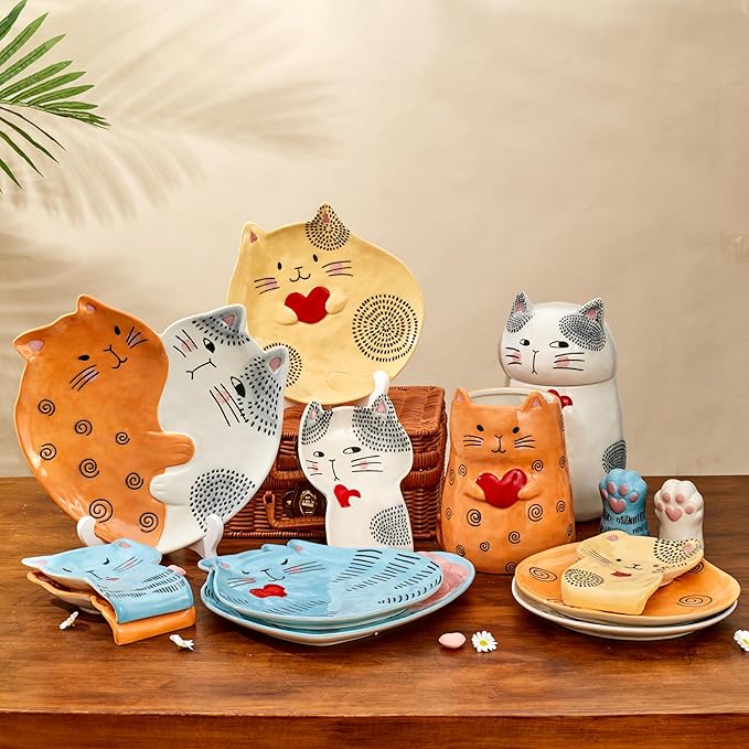 Bico Cartoon Cat Handpainted Stoneware Orange 7.8 inch Utensil Holder, Dishwasher Safe