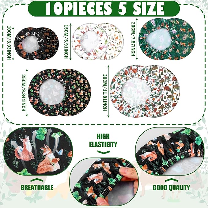 Patelai 10 Pcs Bowl Covers Reusable in 5 Size Stretch Cloth Fabric Elastic Food Storage Bowl Covers Bread Sourdough Lids for Proofing Food Fruits Leftover(Black, White, Brown, Green,Animal Style) - Image 3