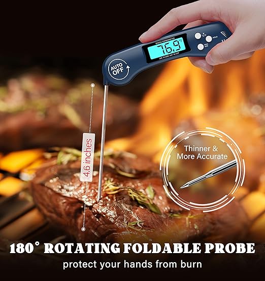 DOQAUS Digital Meat Thermometer, Instant Read Food Thermometer for Cooking with Backlit & Auto-Rotating Display, 4.6” Probe for Grilling, Baking, and Perfect BBQ - Blue - Image 3
