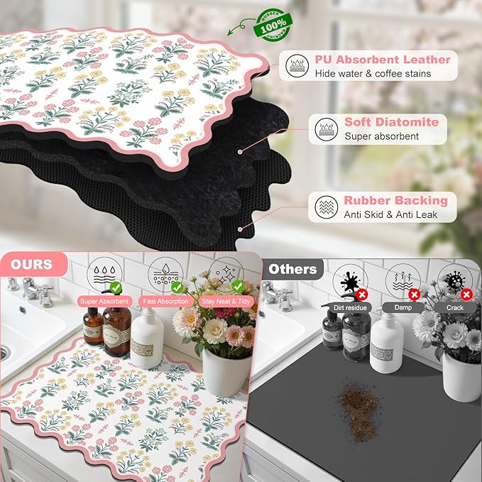 LOKHOM Scalloped Floral Dish Drying Mat, 18"x24" Super Absorbent Coffee Mat with Unique Pink Pastoral Floral, Cuttable Hide Stain Non-slip Drying Mat for Kitchen Counter Coffee Maker Espresso Machine - Image 6