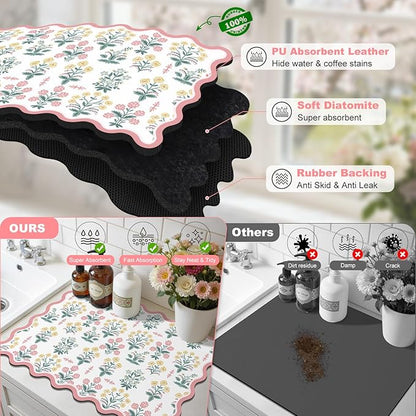 LOKHOM Scalloped Floral Dish Drying Mat, 18"x24" Super Absorbent Coffee Mat with Unique Pink Pastoral Floral, Cuttable Hide Stain Non-slip Drying Mat for Kitchen Counter Coffee Maker Espresso Machine - Image 6