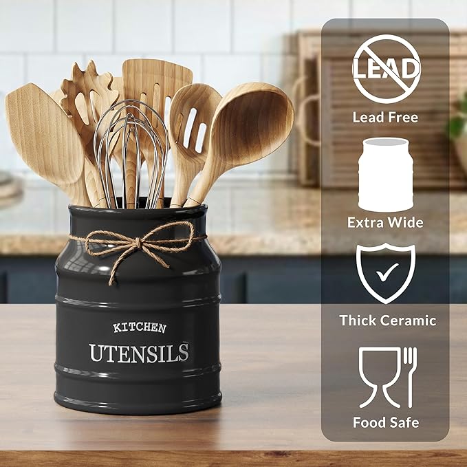 Barnyard Designs Ceramic Farmhouse Utensil Holder for Kitchen Counter, Large Rustic Utensil Crock, Countertop Cooking Tool Spatula Organizer, 6.75” (Black) - Image 9