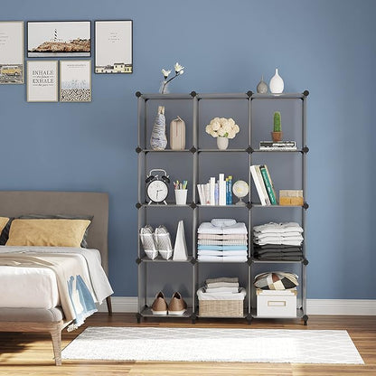 AWTATOS Cube Storage Organizer Closet Storage Cubes Shelves Bookshelf Clothes Organizer DIY Plastic 12 Cube Shelves for Home, Bedroom, Grey ULPZ022 - Image 2