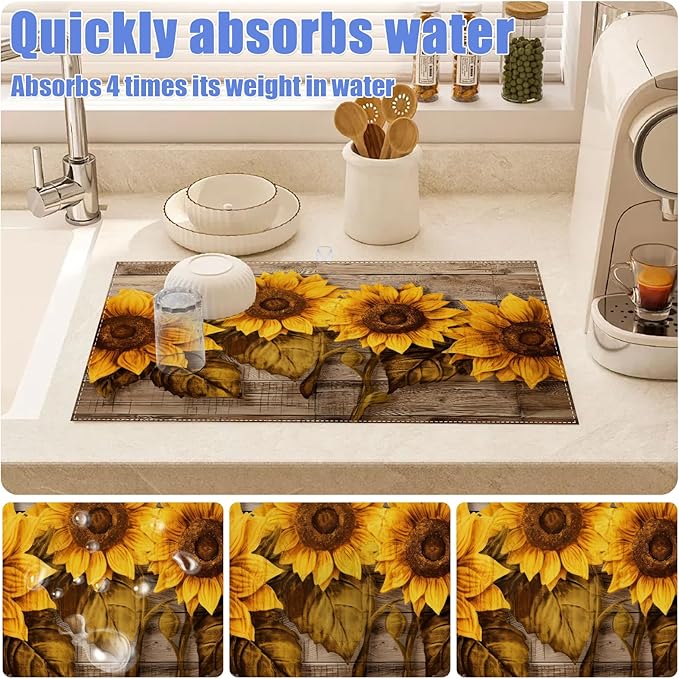 Vintage Sunflower Wooden Grain Dish Drying Mat for Kitchen Counter Drying Pad Absorbent Reversible Dish Drainer Rack Mats Draining Pad 18"x24"Inch - Image 4