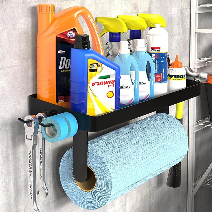 ZUNTO Garage Paper Towel Holder with Shelf, Black Stainless Steel Paper Towel Rack with Hooks, Wall Mount Paper Towel Holder for Kitchen, Garage Organization and Storage by ZUNTO