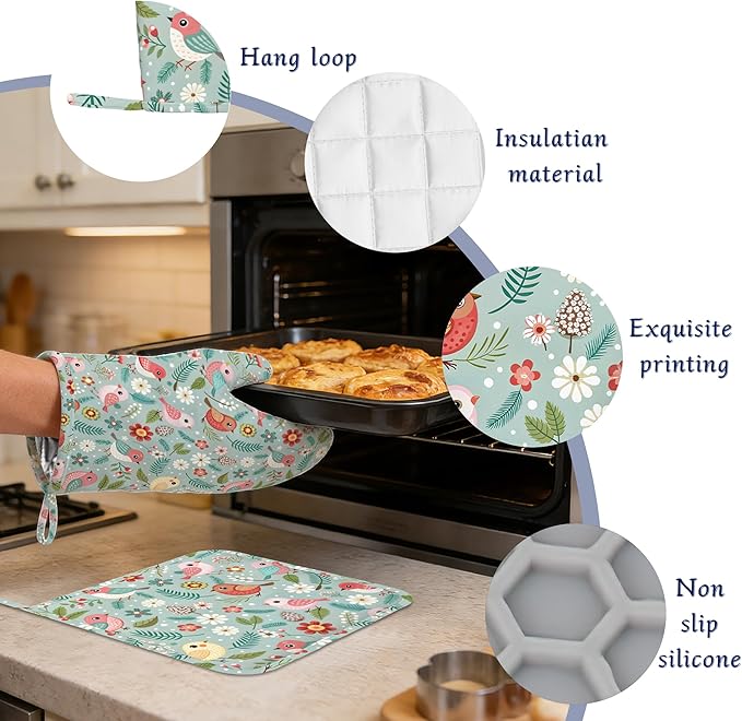Birds Floral Potholders & Oven Mitts Sets Colourful Flowers Silicone Heat Resistant Oven Mits and Hot Pads Non-Slip Pot Holders Gloves for Kitchen Chef Cooking Baking Grilling BBQ