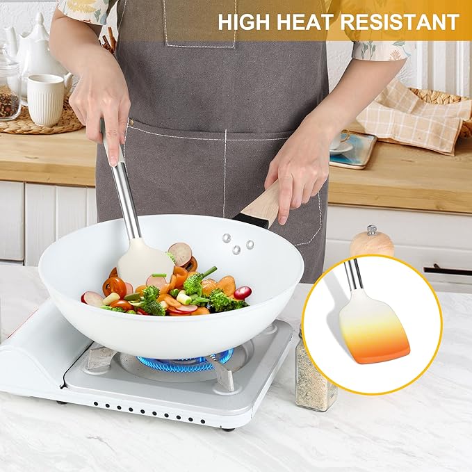 LIANYU 15 Pcs Cooking Kitchen Utensils Set with Holder, Silicone Kitchen Gadgets with Stainless Steel Handle, Heat Resistant Spatula Tools, Brush Spoon Tong Whisk Ladle Turner for Cookware, White - Image 5