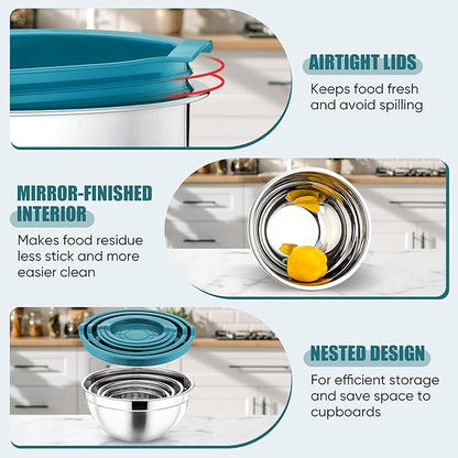 P&P CHEF Mixing Bowls with Airtight Lids Set of 5, 10-Piece Stainless Steel Mixing Nesting Bowl, Metal Bowl with Lid for Kitchen Prepping & Storing, Size 4.6, 3, 1.5, 1, 0.7 QT, Blue
