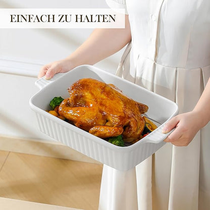 MALACASA 4.4 QT Baking Dish with Rack, 9x13 Large Casserole Dish for Oven, Ceramic Baking Pan with Rack, Rectangular Lasagna Pan Deep with Handles for Baking, Durable Microwave Oven Safe, White - Image 6