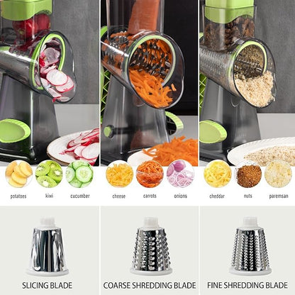 Quick Rotating Cheese Grater, Manual 3-in-1 Vegetable Chopper with Interchangeable Blades and Suction Cup Base (Green) - Image 2
