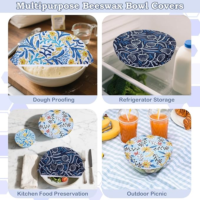 5-Size Reusable Beeswax Bowl Covers for Bread Proofing, Cotton Cloth Flexible Beeswax Wraps for Food Storage(Blue Floral) - Image 5