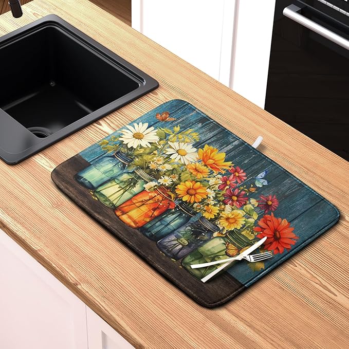 Daisy Dish Drying Mat for Kitchen Counter 18x24 Inch Rustic Vintage Flower Vases Drying Mats Microfiber Absorbent Dishes Drainer Mats Farmhouse Floral Wooden Board Dish Rack Pad - Image 6