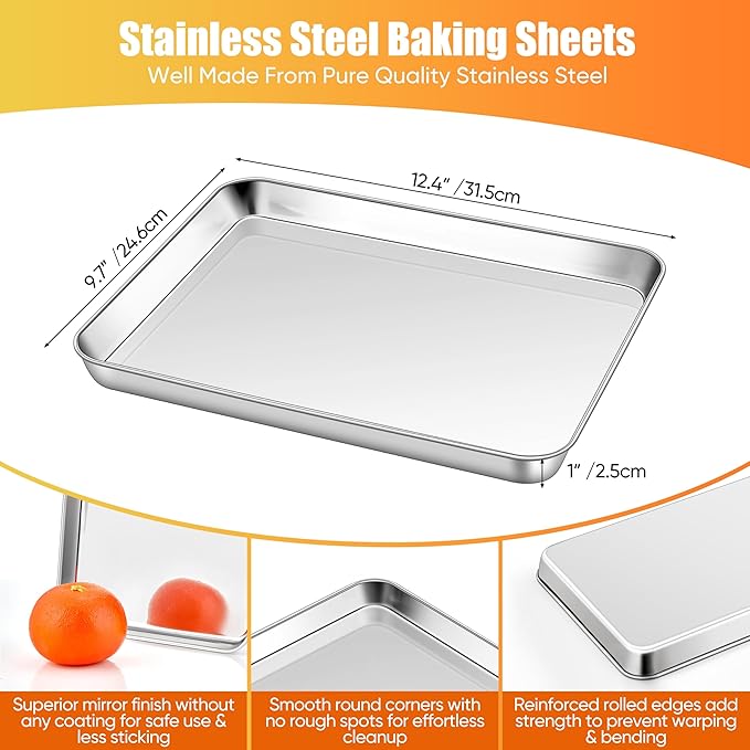 Homikit 2 Pack Baking Sheet, 9 x 13 Inches Stainless Steel Quarter Sheet Pan Set for Baking Cooking Toasting, Metal Cookie Tray Fits Toaster Oven, Non Stick & Rust Free, Dishwasher Safe - Image 2