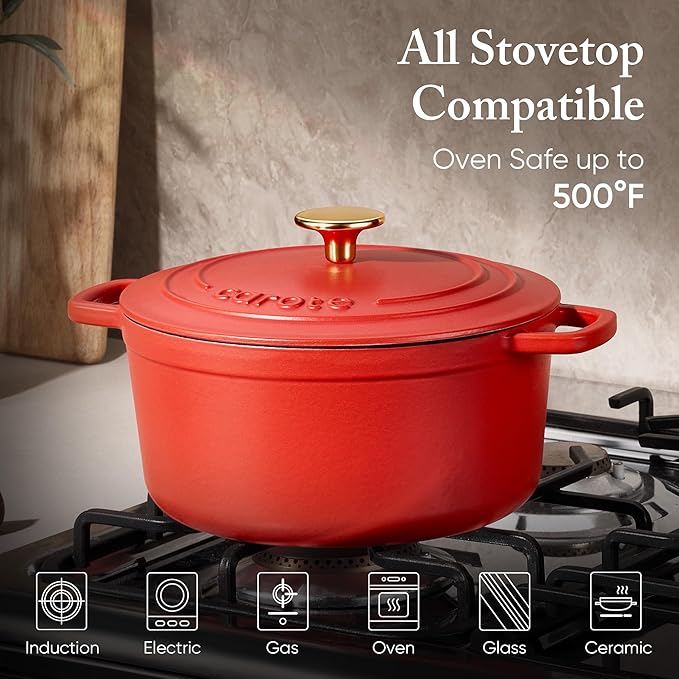 CAROTE Enameled Cast Iron Dutch Oven Pot with Lid, 4 QT Dutch Ovens, Heavy-Duty Cast Iron Pot for Sourdough Bread Baking, Braising, Stews, Roasting, Healthy & Non-Toxic, Dual Handles, All Stovetop Compatible, Oven Safe up to 500° F, Red - Image 3