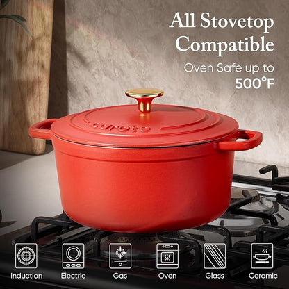 CAROTE Enameled Cast Iron Dutch Oven Pot with Lid, 4 QT Dutch Ovens, Heavy-Duty Cast Iron Pot for Sourdough Bread Baking, Braising, Stews, Roasting, Healthy & Non-Toxic, Dual Handles, All Stovetop Compatible, Oven Safe up to 500° F, Red - Image 3