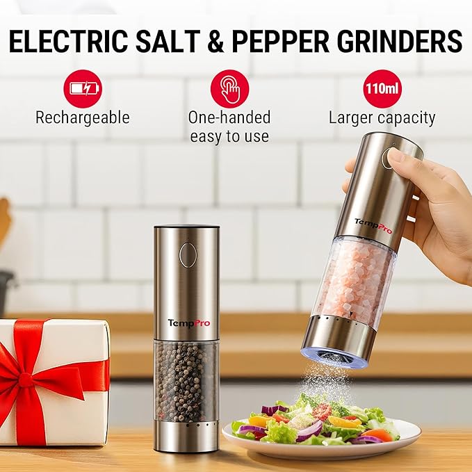 TempPro 100ml Electric Salt and Pepper Grinder Set Rechargeable, Automatic Pepper Grinder Shakers with External Adjustment, Refillable Pepper Mill Set with Cover & LED, 2-Pack(Previously ThermoPro) - Image 6