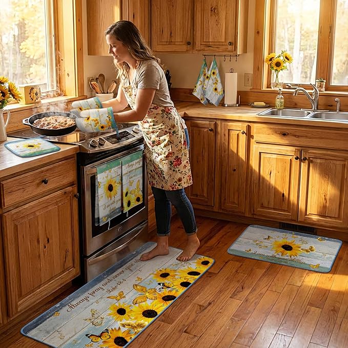 Fourluoo 10 Pcs Sunflower Kitchen Decor and Accessories Set Sunflower Kitchen Towels and Rugs Oven Mitts and Pot Holders for Cooking Baking Mom Housewarming Gifts - Image 4