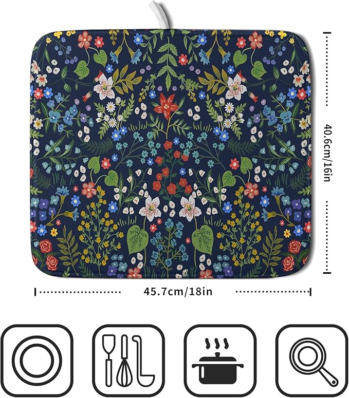 Flower Floral Dish Drying Mat Microfiber Navy Blue Absorbent Drying Pad for Kitchen Counter Small - Image 2