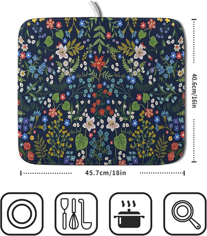 Flower Floral Dish Drying Mat Microfiber Navy Blue Absorbent Drying Pad for Kitchen Counter Small - Image 2